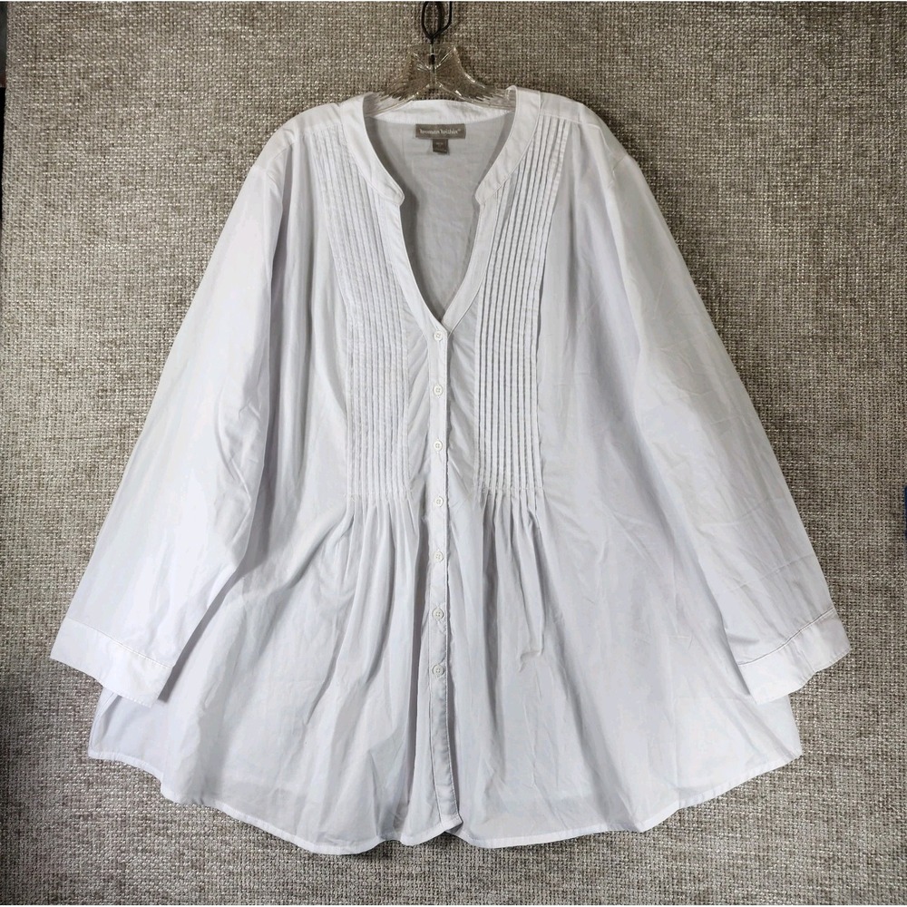 Woman Within V Neck Pintuck Full Button Blouse Womens 3X White Cotton Blend